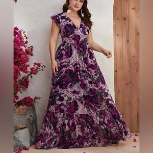 Giffniseti Floral Pink‎ Purple Maxi Dress Sz 3X Romantic Bohemian Floral Print